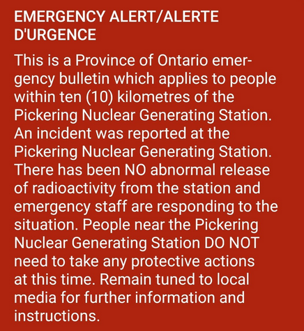 Pickering Nuclear Generating Station Emergency Alert To Do Canada