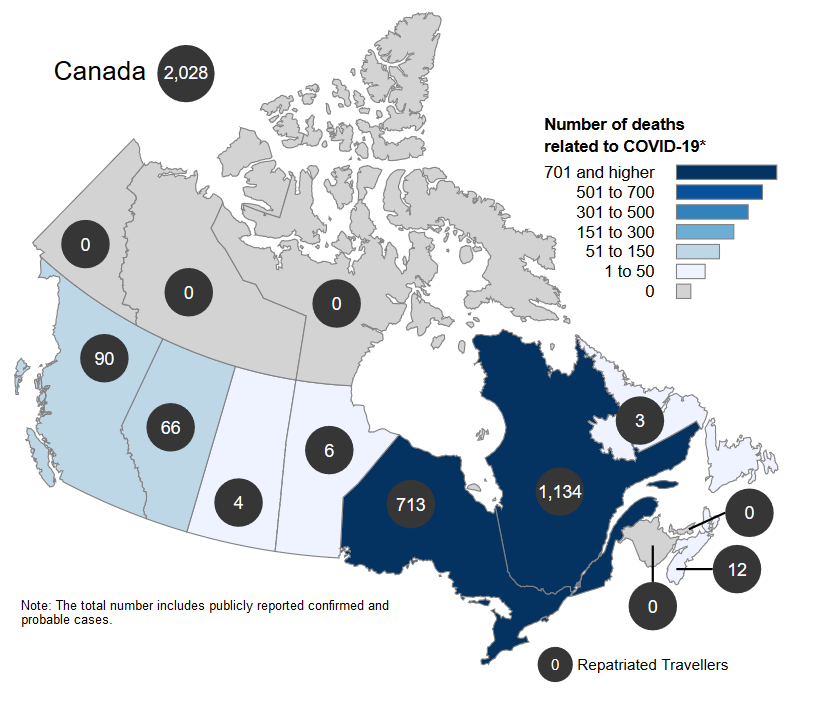 April 23 Snapshot of COVID19 Cases in Canada as Number of Deaths