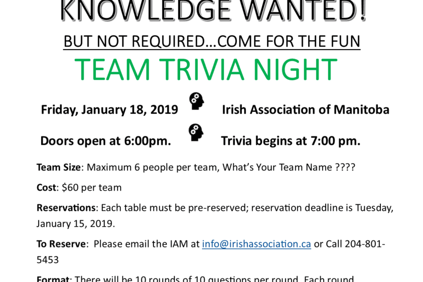 Trivia Night Irish Association Of Manitoba The 654 Erin St Winnipeg To Do Canada